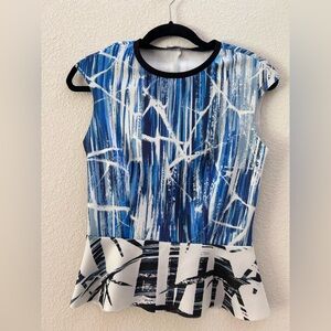 Zara Blue and White Patterned Peplum Blouse Size S